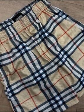 Plaid ASYLUM Athletic Shorts in Beige, Black & Red
